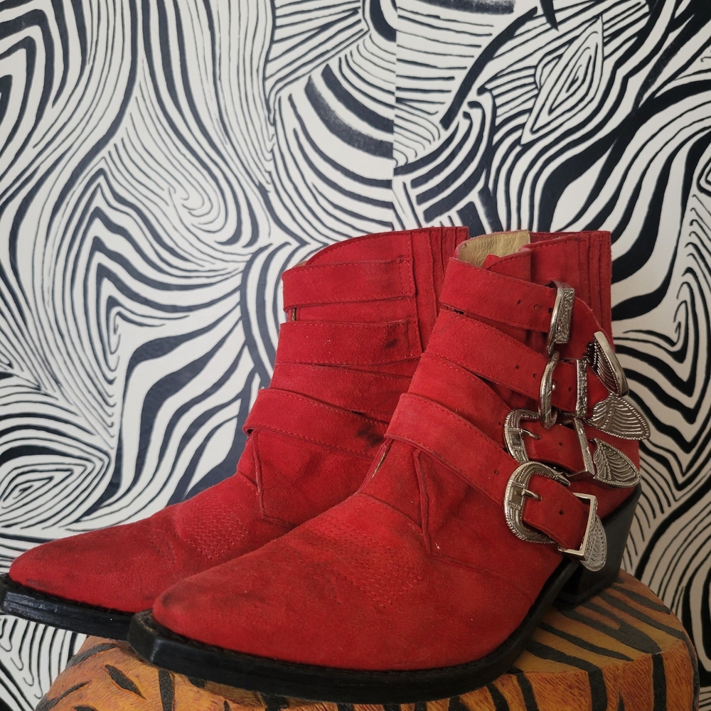 Red Ankle Booties with Lace-Up Design and Rounded Toe